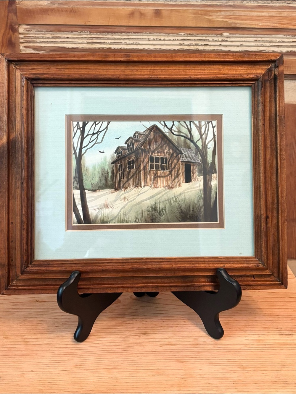 Framed Rustic Cabin Watercolor Artwork - Brown Frame, Mint Mat